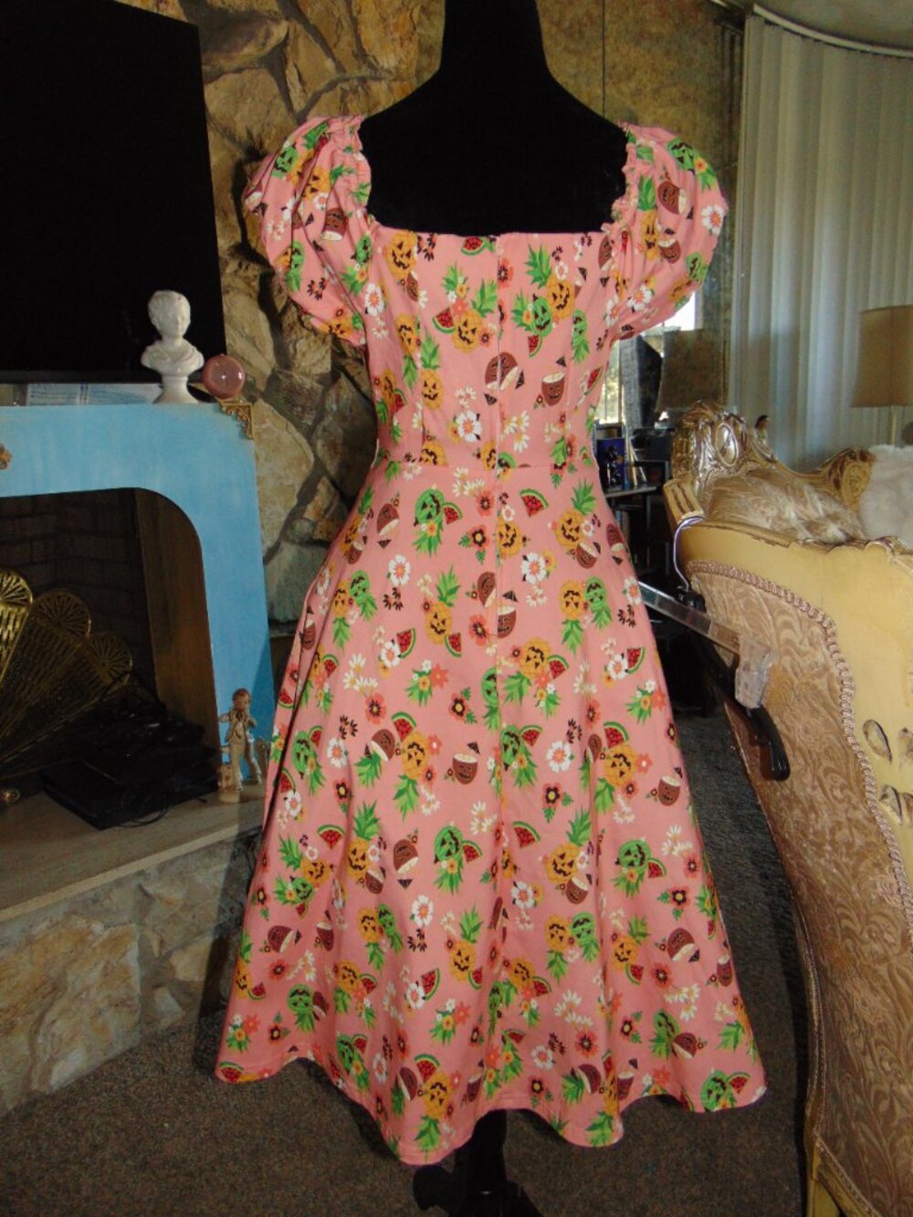 NEW Unique Vintage Pink June-o-ween Spooky TIKI Swing Dress Pin Up Halloween M - Picture 7 of 16